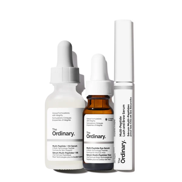 "Complete set of The Ordinary Multi-Peptide serums for face, eyes, lashes, and brows"


