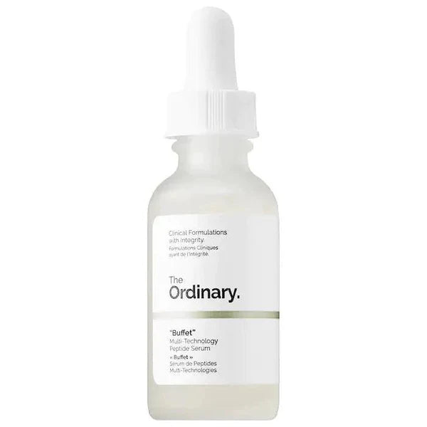 "The Ordinary Buffet Anti-Aging Serum bottle on a neutral background"

