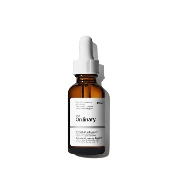 "The Ordinary Retinol 0.5% in Squalane bottle with dropper on minimal background"

